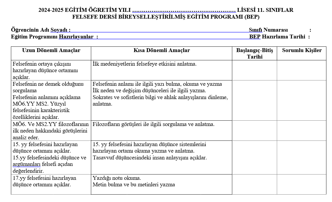 11 Felsefe BEP Planı