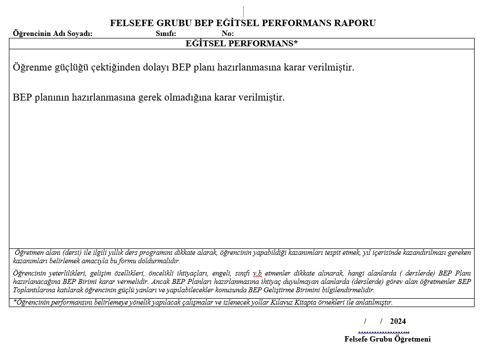 Felsefe BEP Eğitsel Performans Raporu