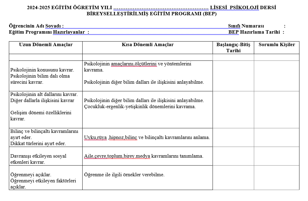 Psikoloji BEP Planı