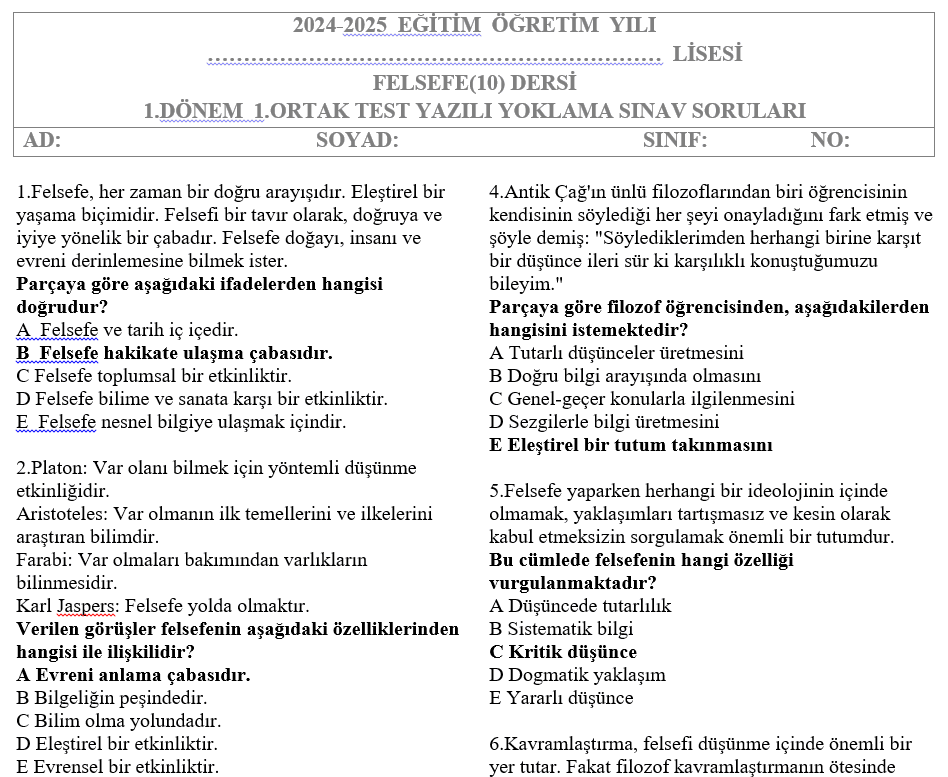 10.Sınıf Felsefe Test 1.Dönem 1.Sınav Soruları