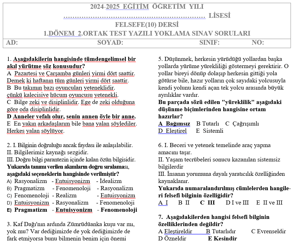 10.Sınıf Felsefe Test 1.Dönem 2.Sınav Soruları