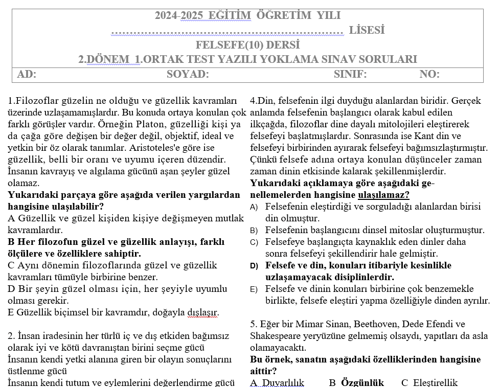 10.Sınıf Felsefe Test 2.Dönem 1.Sınav Soruları
