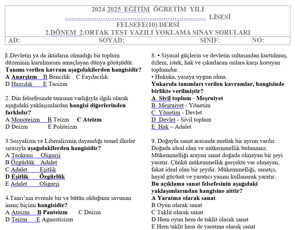 10.Sınıf Felsefe Test 2.Dönem 2.Sınav Soruları