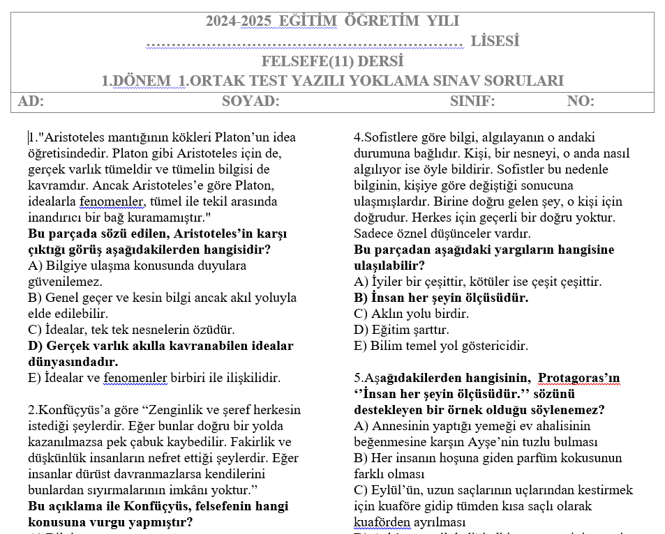 11.Sınıf Felsefe Test 1.Dönem 1.Sınav Soruları