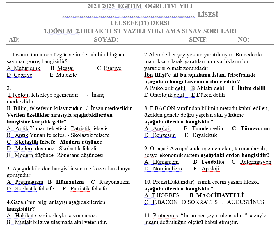 11.Sınıf Felsefe Test 1.Dönem 2.Sınav Soruları