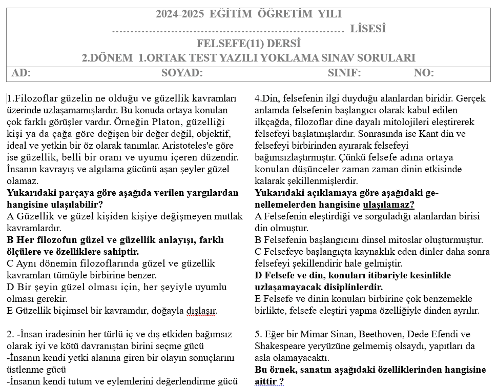 11.Sınıf Felsefe Test 2.Dönem 1.Sınav Soruları