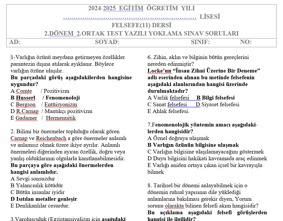 11.Sınıf Felsefe Test 2.Dönem 2.Sınav Soruları