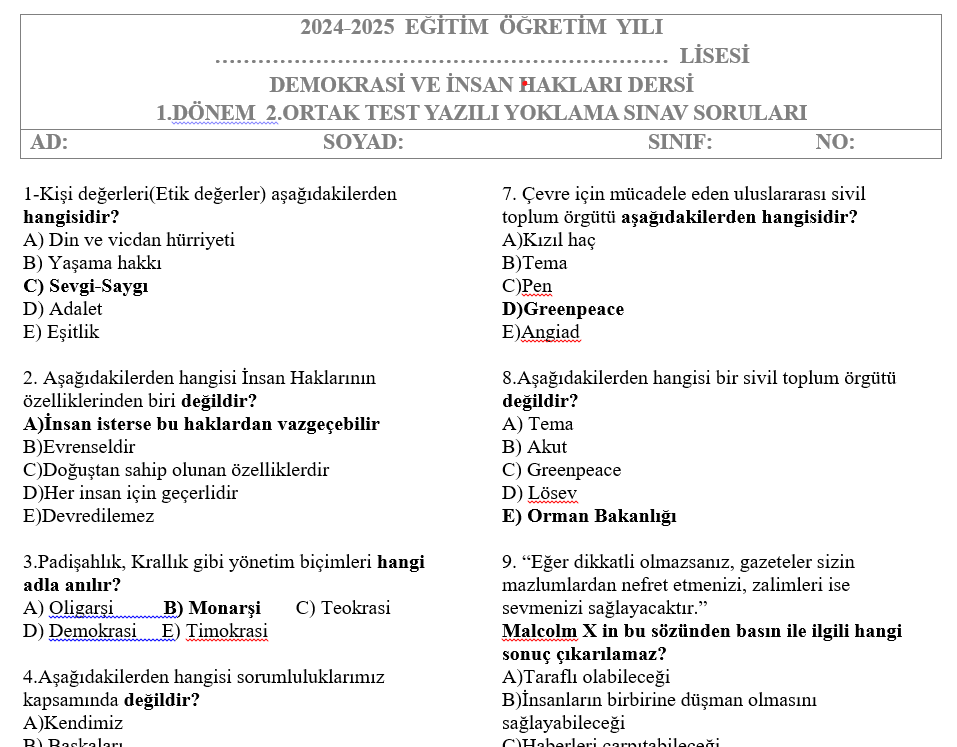 Demokrasi ve İnsan Hakları Test 1.Dönem 2.Yazılı Soruları