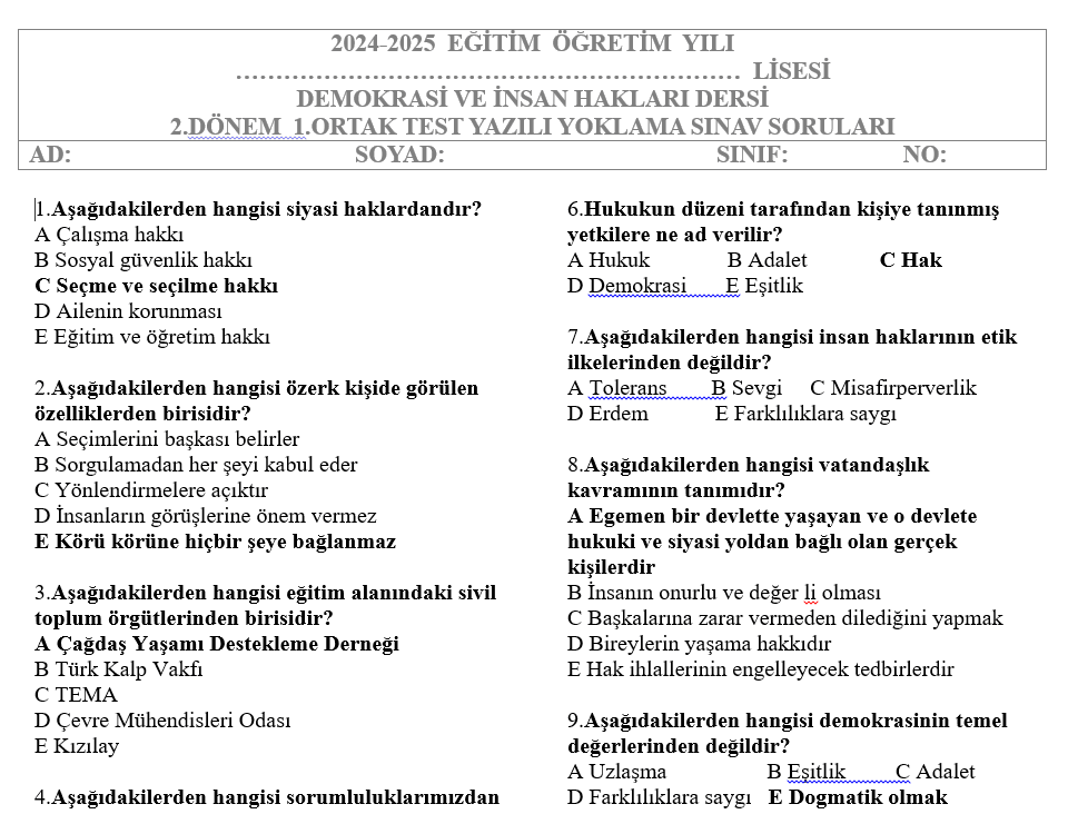 Demokrasi ve İnsan Hakları Test 2.Dönem 1.Yazılı Soruları
