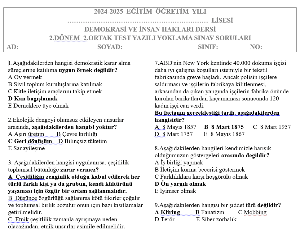 Demokrasi ve İnsan Hakları Test 2.Dönem 2.Yazılı Soruları
