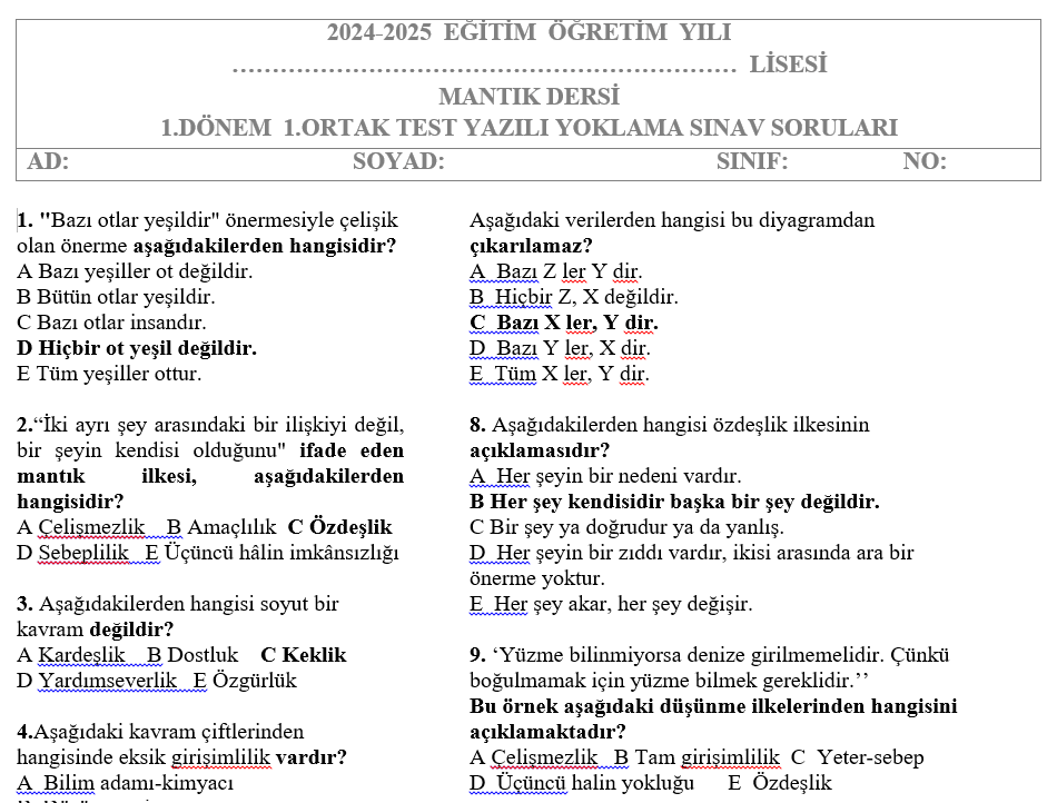 Mantık Test 1.Dönem 1.Yazılı Soruları