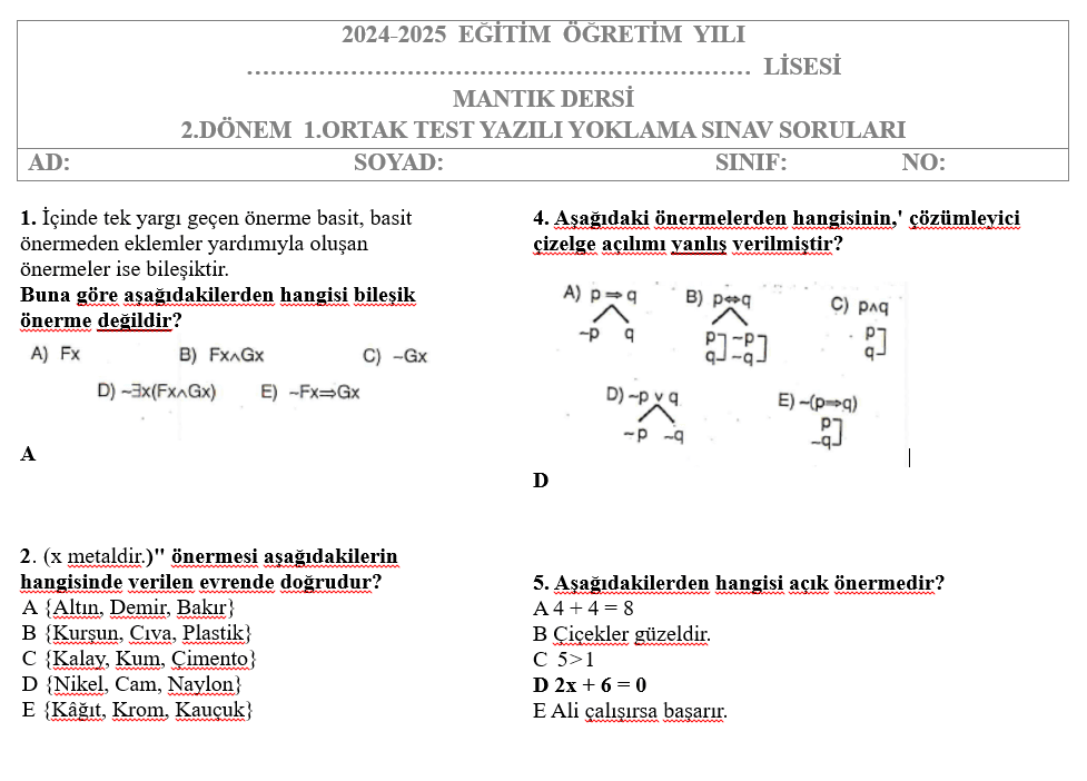 Mantık Test 2.Dönem 1.Yazılı Soruları