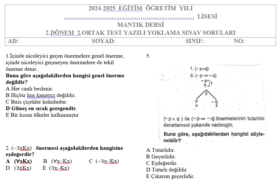 Mantık Test 2.Dönem 2.Yazılı Soruları