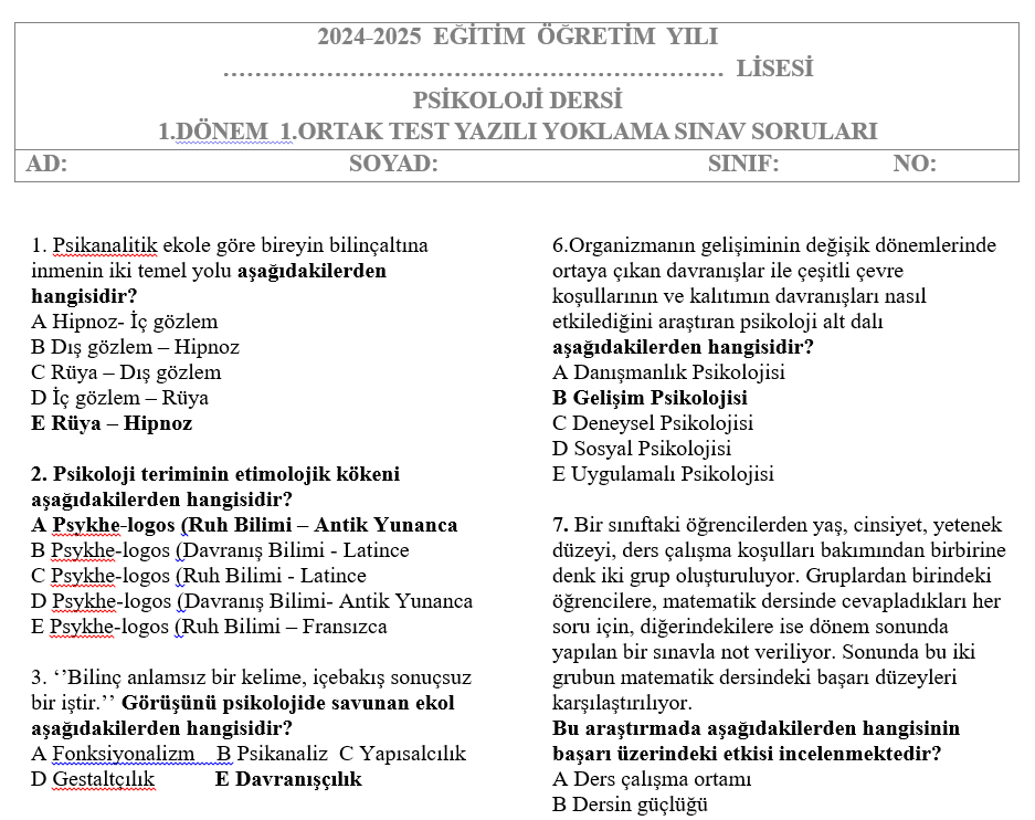 Psikoloji Test 1.Dönem 1.Yazılı Soruları