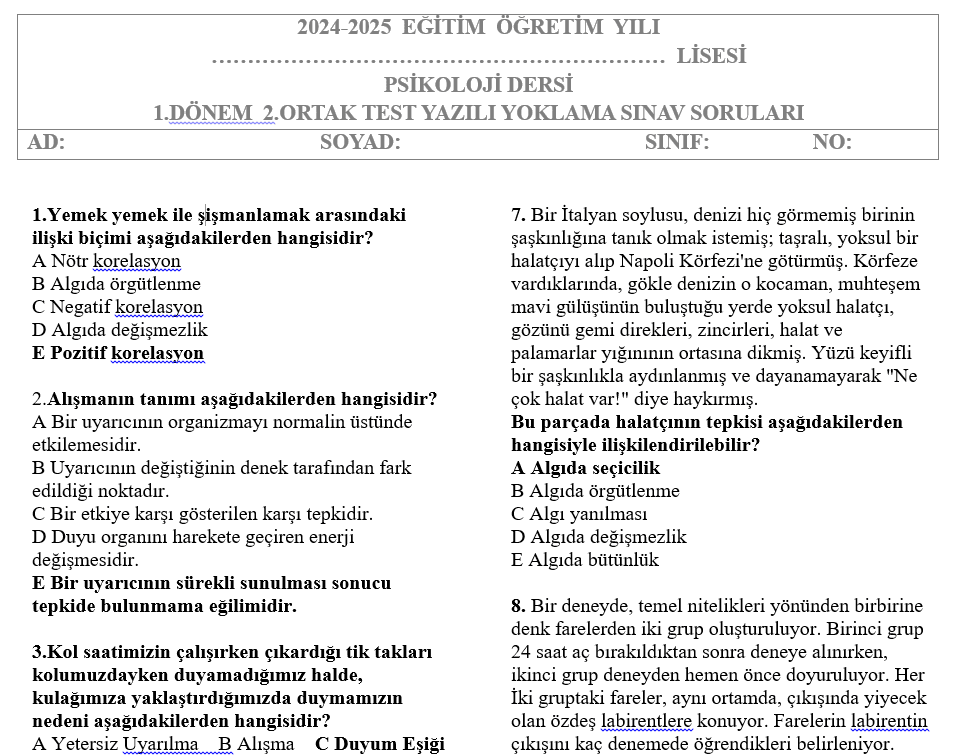 Psikoloji Test 1.Dönem 2.Yazılı Soruları