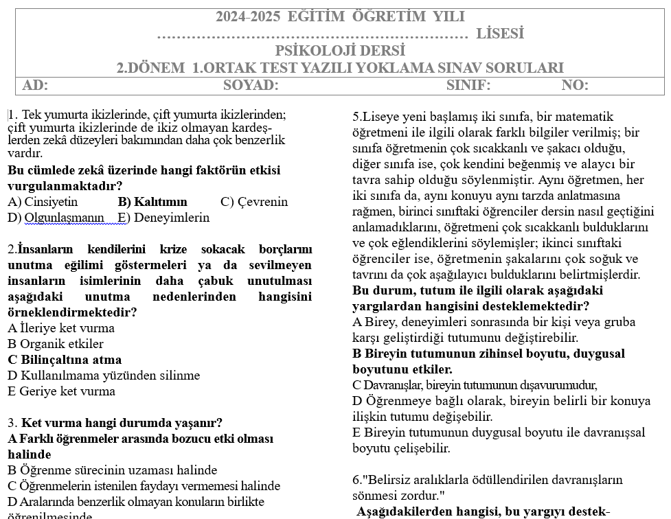 Psikoloji Test 2.Dönem 1.Yazılı Soruları