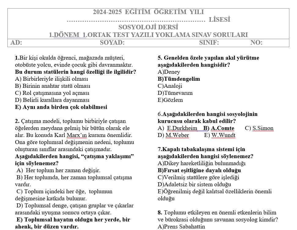 Sosyoloji Test 1.Dönem 1.Yazılı Soruları