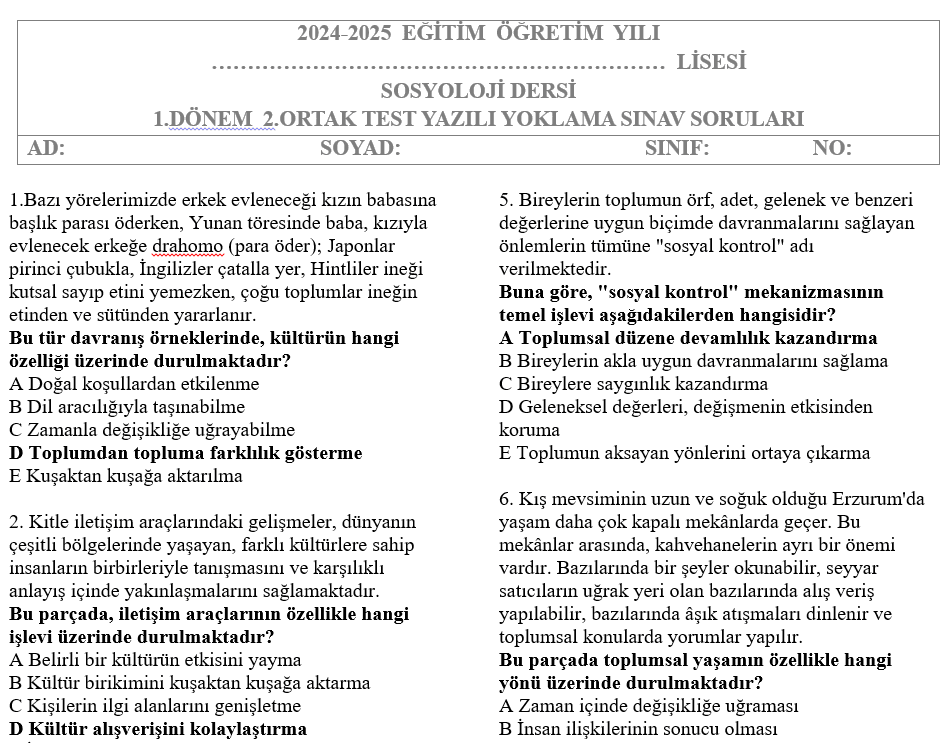 Sosyoloji Test 1.Dönem 2.Yazılı Soruları