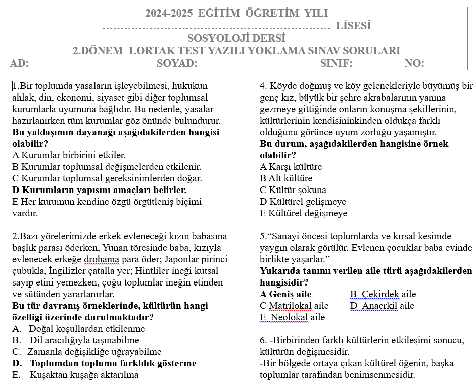 Sosyoloji Test 2.Dönem 1.Yazılı Soruları