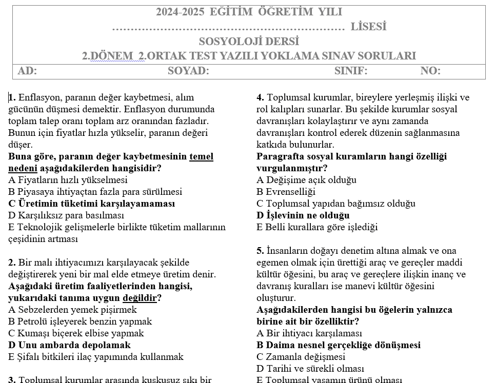 Sosyoloji Test 2.Dönem 2.Yazılı Soruları
