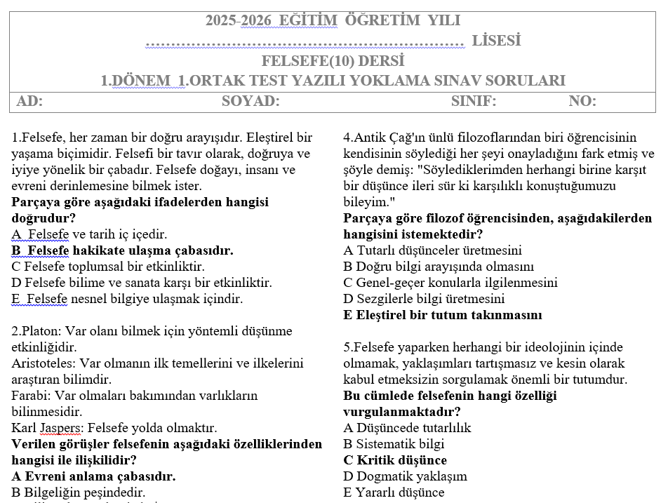 10.Sınıf Felsefe Test 1.Dönem 1.Sınav Soruları