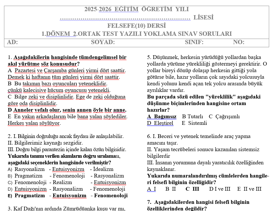 10.Sınıf Felsefe Test 1.Dönem 2.Sınav Soruları
