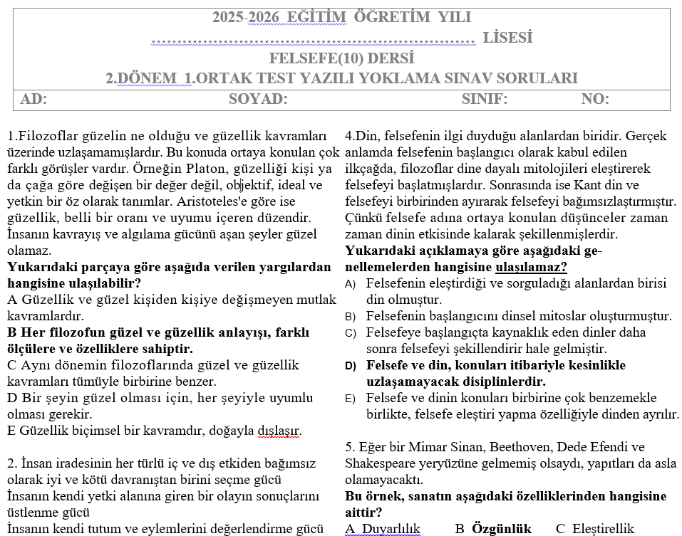 10.Sınıf Felsefe Test 2.Dönem 1.Sınav Soruları