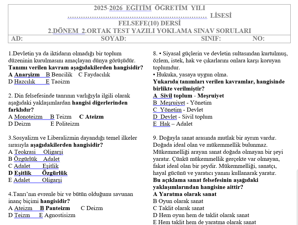 10.Sınıf Felsefe Test 2.Dönem 2.Sınav Soruları