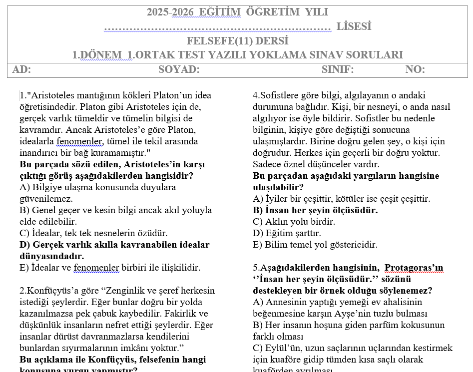 11.Sınıf Felsefe Test 1.Dönem 1.Sınav Soruları