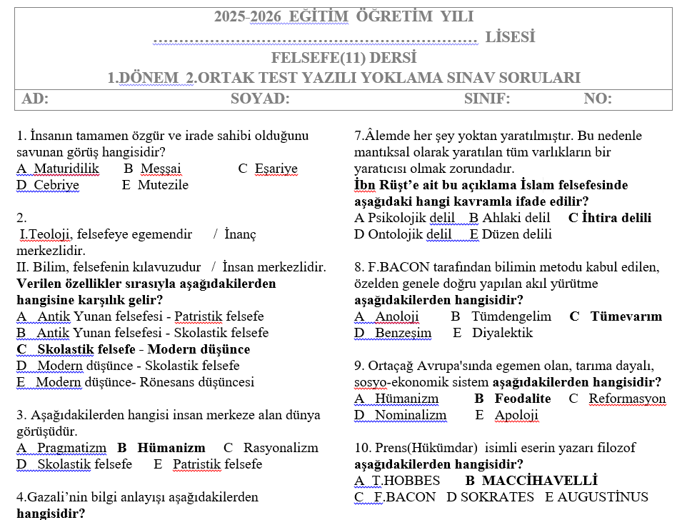 11.Sınıf Felsefe Test 1.Dönem 2.Sınav Soruları