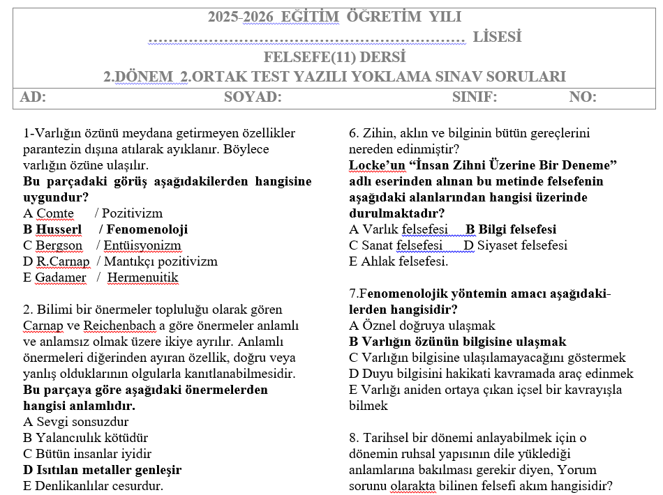 11.Sınıf Felsefe Test 2.Dönem 2.Sınav Soruları