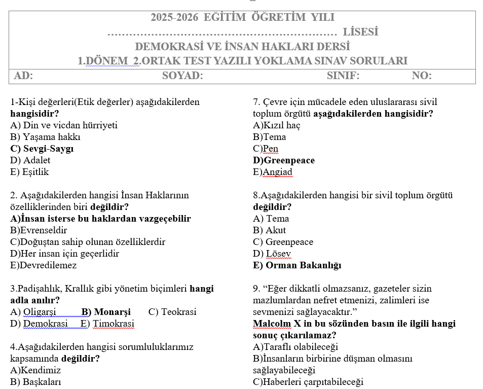 Demokrasi ve İnsan Hakları Test 1.Dönem 2.Yazılı Soruları