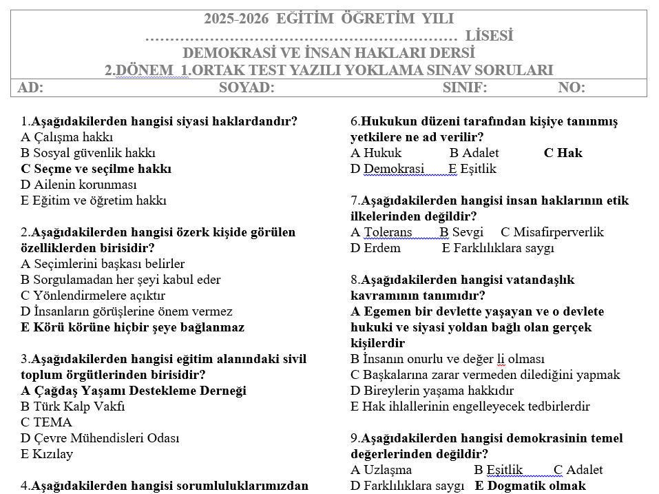 Demokrasi ve İnsan Hakları Test 2.Dönem 1.Yazılı Soruları