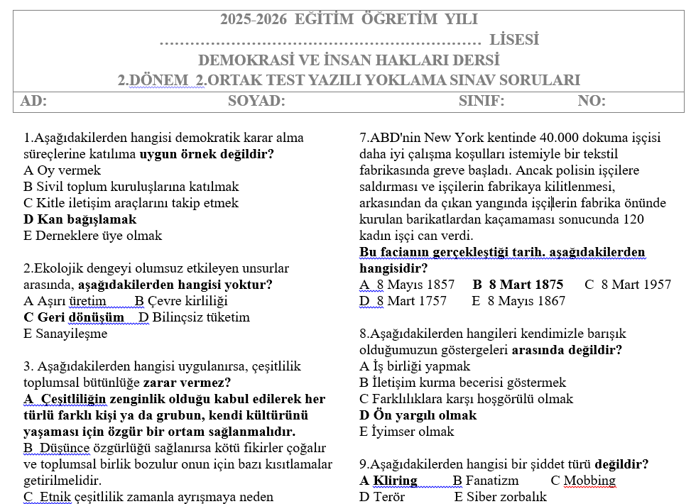 Demokrasi ve İnsan Hakları Test 2.Dönem 2.Yazılı Soruları