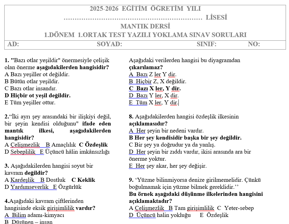 Mantık Test 1.Dönem 1.Yazılı Soruları