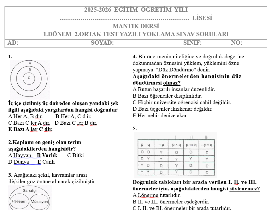 Mantık Test 1.Dönem 2.Yazılı Soruları