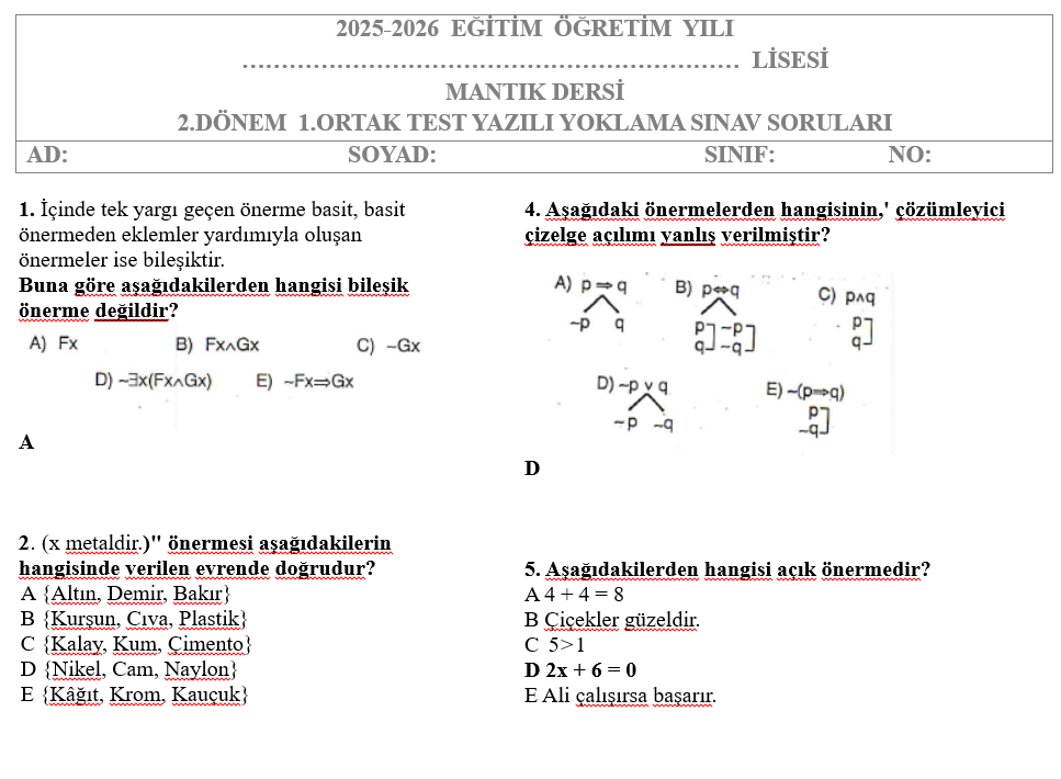 Mantık Test 2.Dönem 1.Yazılı Soruları
