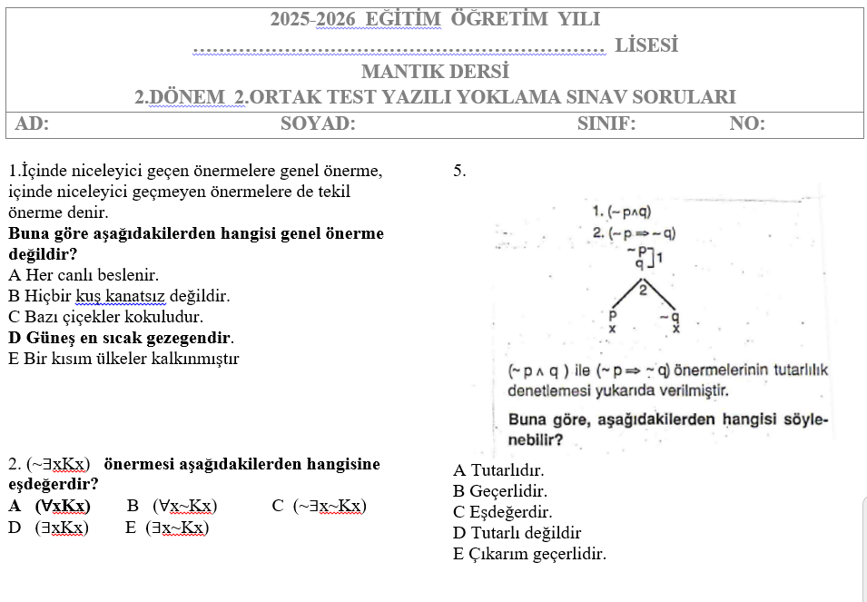 Mantık Test 2.Dönem 2.Yazılı Soruları