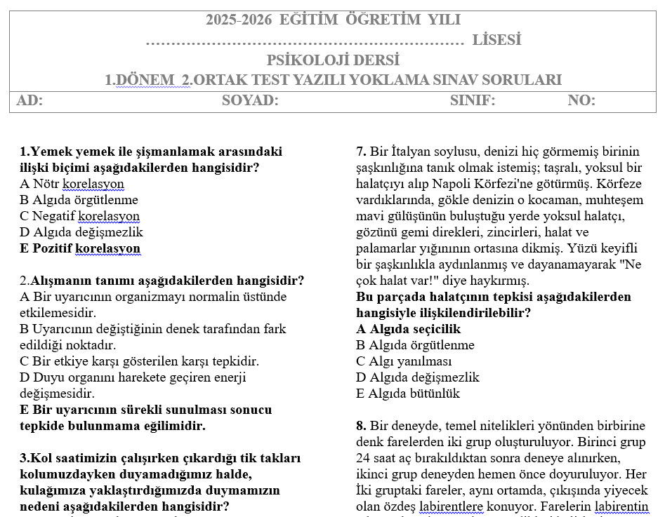 Psikoloji Test 1.Dönem 2.Yazılı Soruları