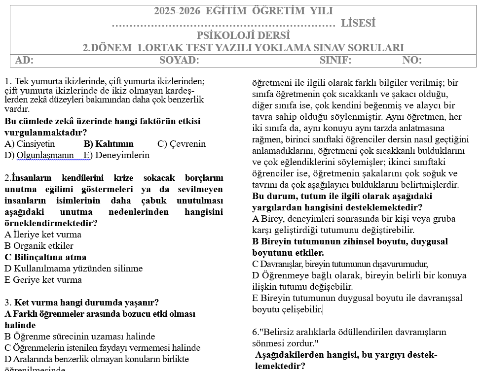 Psikoloji Test 2.Dönem 1.Yazılı Soruları