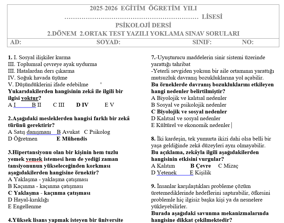 Psikoloji Test 2.Dönem 2.Yazılı Soruları