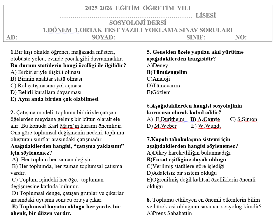 Sosyoloji Test 1.Dönem 1.Yazılı Soruları