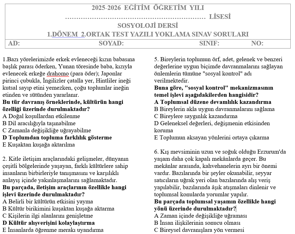 Sosyoloji Test 1.Dönem 2.Yazılı Soruları
