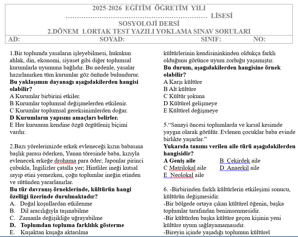 Sosyoloji Test 2.Dönem 1.Yazılı Soruları