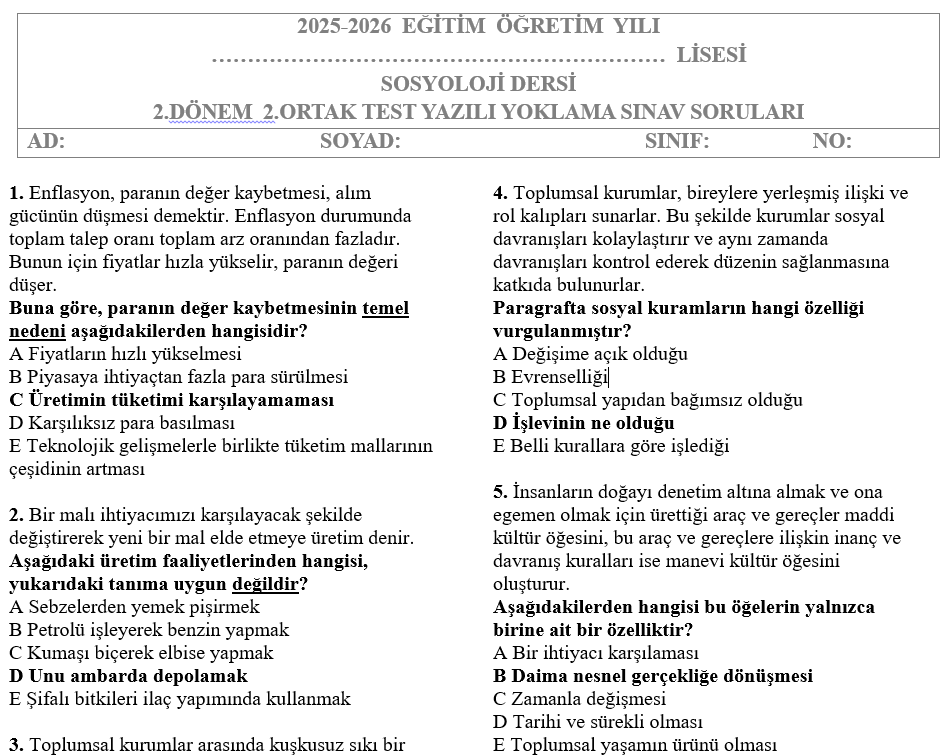 Sosyoloji Test 2.Dönem 2.Yazılı Soruları