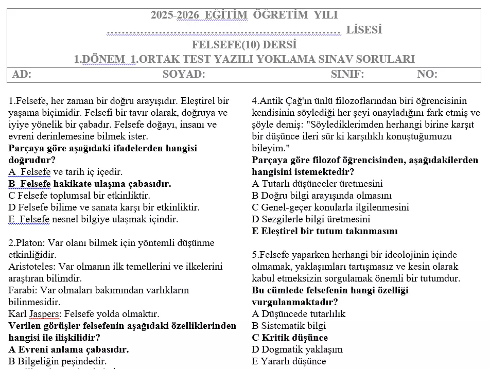 10.Sınıf Felsefe Test 1.Dönem 1.Sınav Soruları