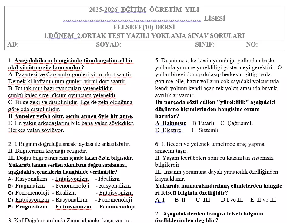 10.Sınıf Felsefe Test 1.Dönem 2.Sınav Soruları