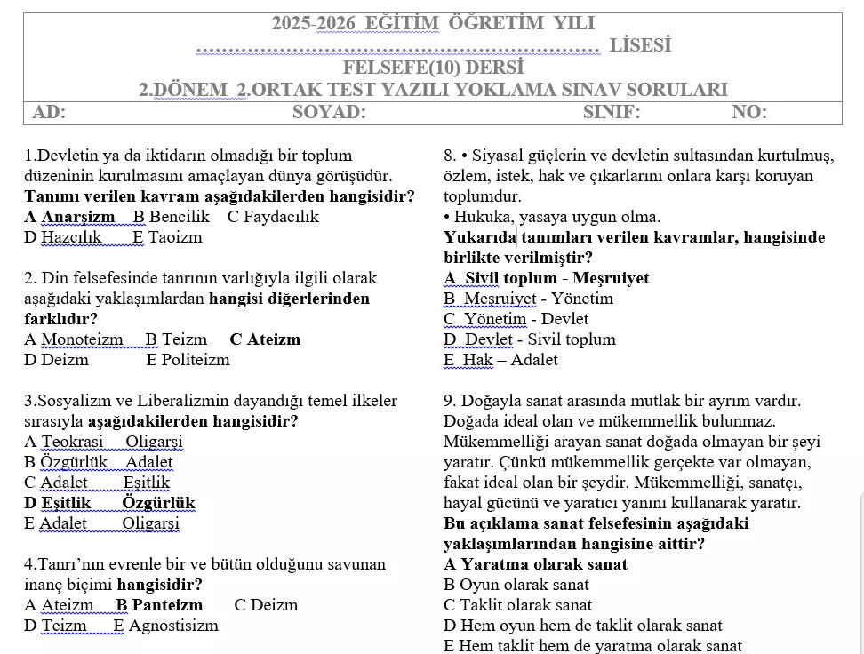 10.Sınıf Felsefe Test 2.Dönem 2.Sınav Soruları